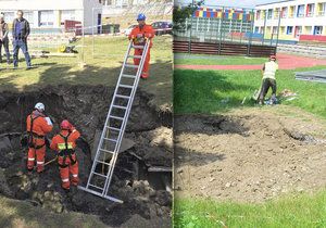 Kráter, který se objevil začátkem dubna na zahradě školy na Černém Mostě, nechalo město zasypat zeminou.