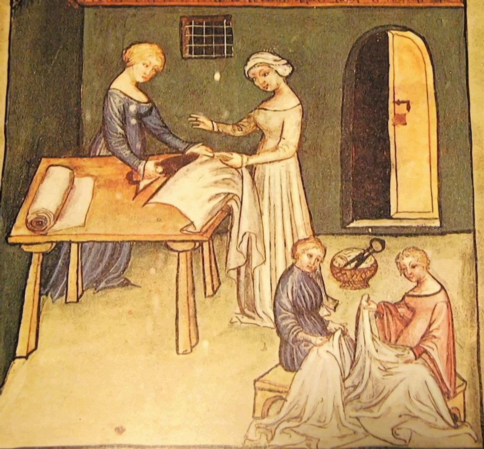 V krejčovských dílnách ve středověku vznikaly i ubrusy, povlečení či závěsy. Místo metru se používaly proužky pergamenu.