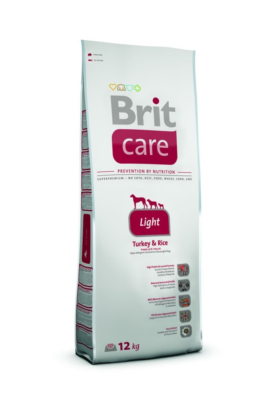 Vysoce stravitelné krmivo Brit Care Light  pro psy s nadváhou. Má velký obsah krocaního masa a nízký obsah tuku. Brit, 3 kg/122 Kč