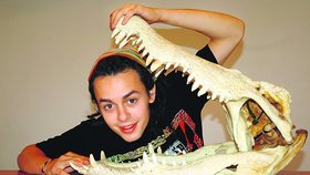 Vedoucí provozu zoo Jan Sobotka ukazuje velikost tlamy krokodýlího lidožrouta. Stisk čelistí krokodýla siamského je přes tisíc kilogramů na cm čtvereční. Lebka měří 70 cm, váží 14 kg, zubů je 64.
