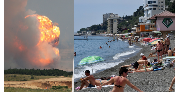 Vybuchující muniční sklad na Krymu (20. 7. 2023)