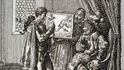 Kolumbus léta přesvědčoval různé panovníky o své cestě. Na obrázku je znázorněn před portugalským králem