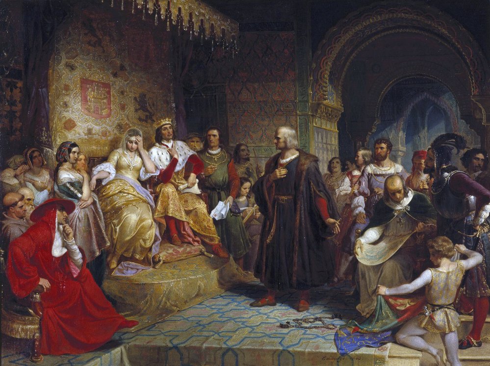 Kolumbus před španělskou královnou. Ilustrace od&nbsp;Emanuela Leutzeho&nbsp;z&nbsp;roku 1843