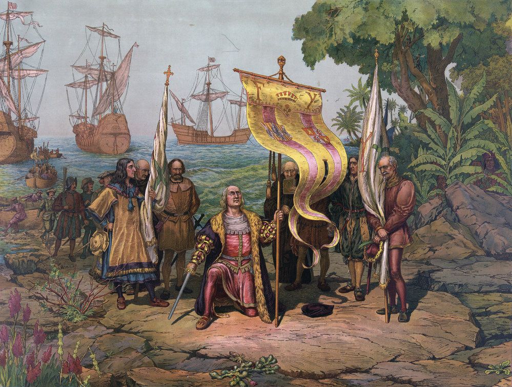 Kryštof Kolumbus vstupuje do Nového světa, na pozadí jeho tři lodě