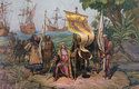Kryštof Kolumbus vstupuje do Nového světa, na pozadí jeho tři lodě