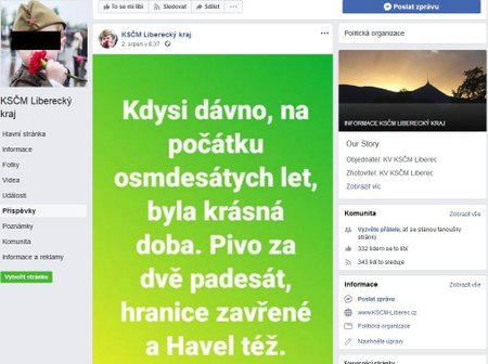 Příspěvek z oficiálního profilu na Facebooku KSČM Libereckého kraje