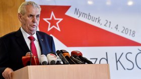 Miloš Zeman na sjezdu KSČM v Nymburku (21. 4. 2018)