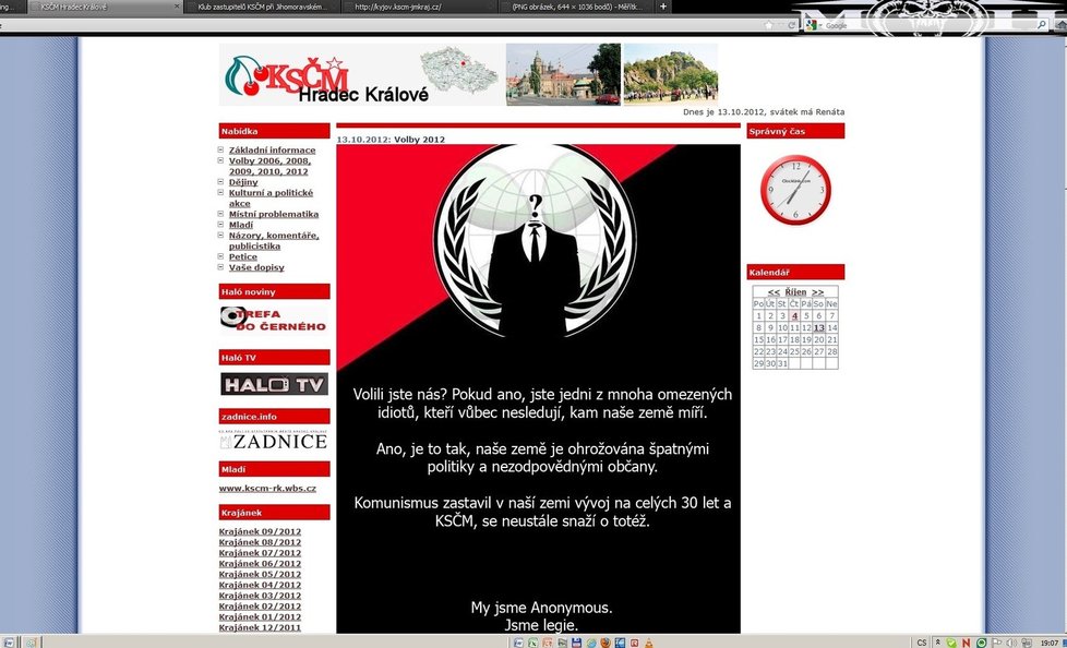 Stránky KSČM z Hradce Králové teď obsahují vzkaz od Anonymous