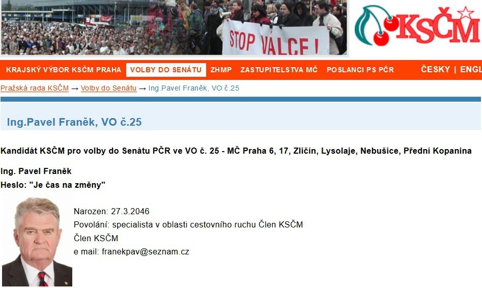 Chyba na webu pražské KSČM: Kanditát do senátních voleb se ještě nenarodil.