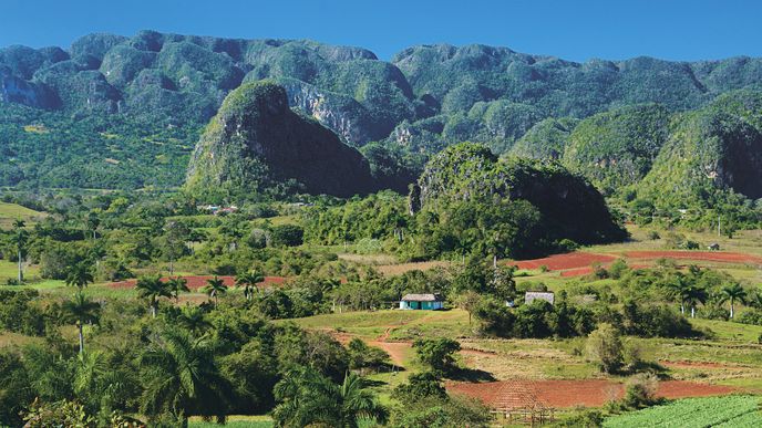 Údolí Vinales je malebné z výšky i při procházce mezi vápencovými homolemi