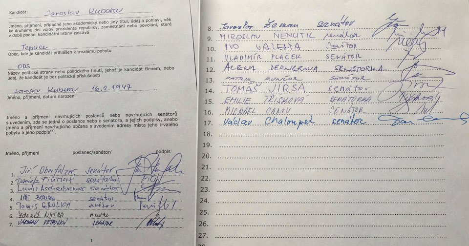 Podpisy pod kandidaturou Jaroslava Kubery. 20. července jich měl 17. V Senátu jich je přitom potřeba sesbírat jen 10.