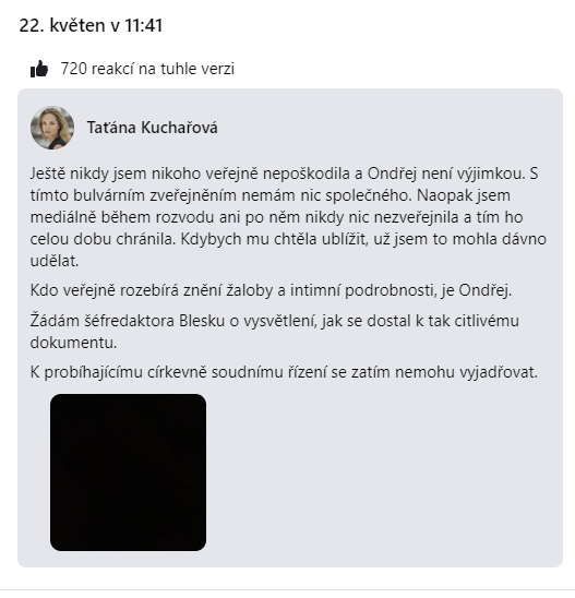 Taťána Kuchařová zveřejnila původně na facebooku jiný příspěvek, v 11:41 už to byla upravená verze.