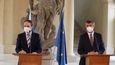 Ministr zahraničních věcí Jakub Kulhánek a premiér Andrej Babiš na tiskové konferenci