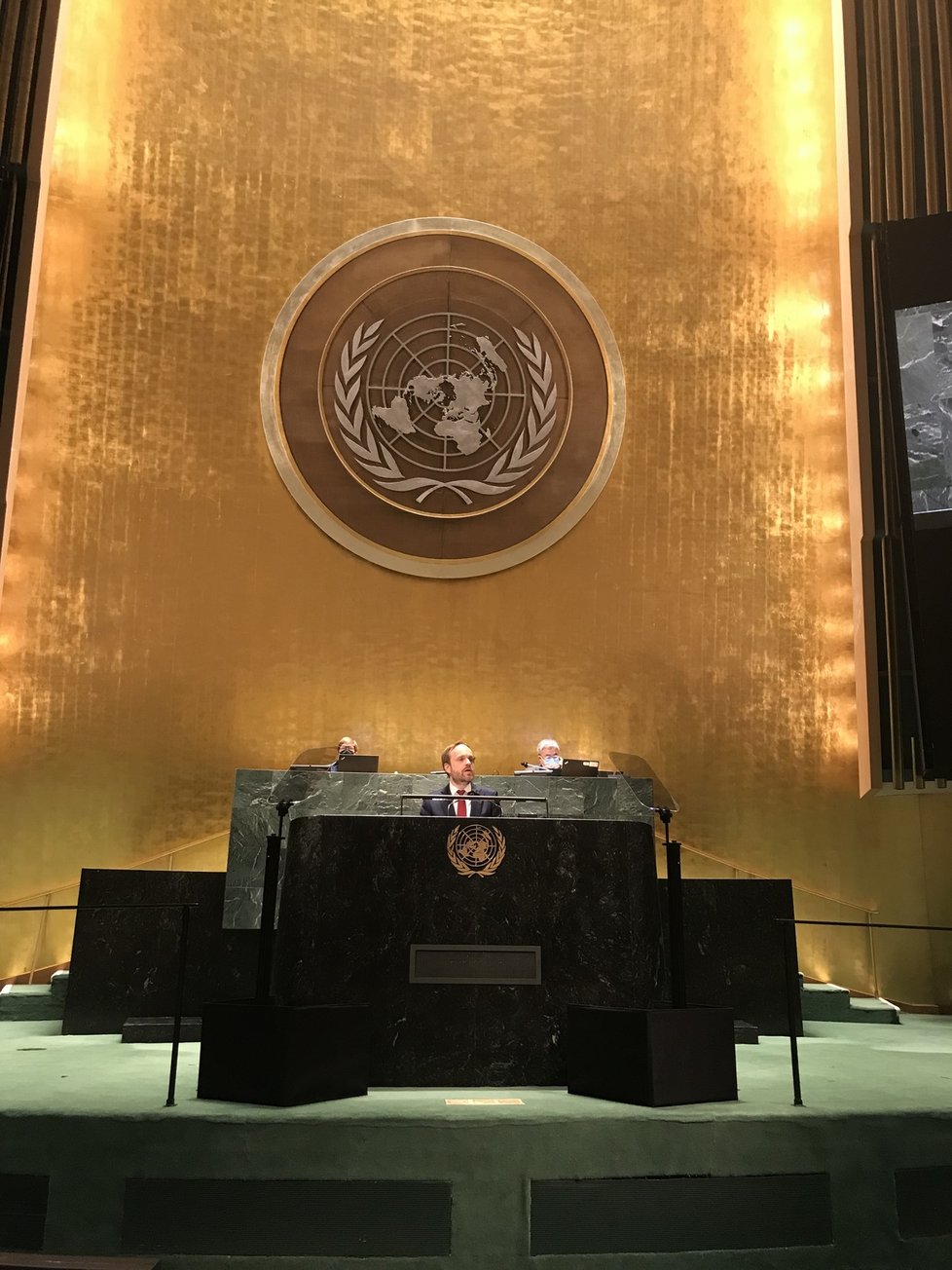 Český ministr zahraničí Jakub Kulhánek (ČSSD) při projevu ve Valném shromáždění OSN (24. 9. 2021)