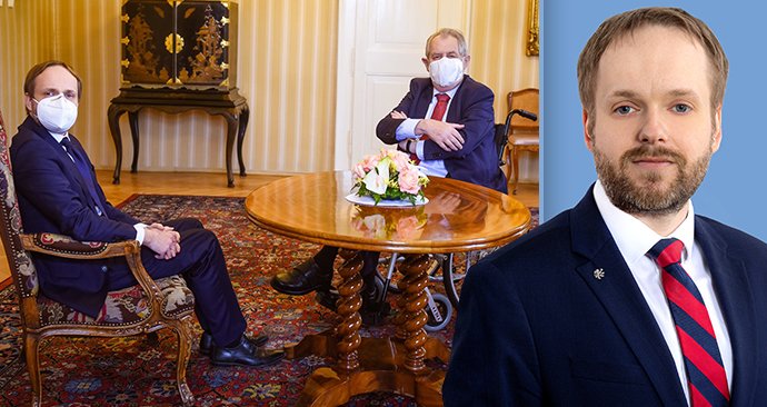 Prezident Miloš Zeman přijal na zámku v Lánech kandidáta na ministra zahraničních věcí Jakuba Kulhánka (15.4.2021)