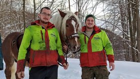 Bratři Tomáš (27, vlevo) a Daniel (24) Kluzovi z Mostů u Jablunkova s koněm Azurem (4) stahují dřevo z příkrých horských strání, kam se traktor nedostane.