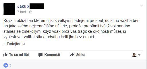 Týraný Jakub z Kuřimi píše na Facebooku o ubližování.