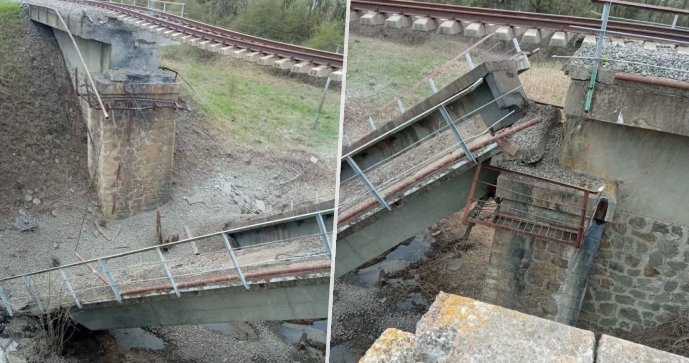Zřícený železniční most v Kurské oblasti (1.5.2022)