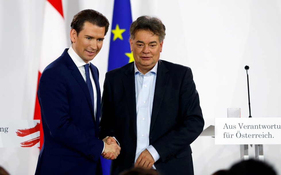 Sebastian Kurz (lidovci) a Werner Kogler (Zelení) na společné tiskové konferenci (2. 1. 2020)