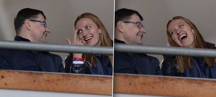 Fanynka Slavie Petra Kvitová na tribuně s funkcionářem Slavie Martinem Krobem. Sešívaní porazili Slovácko 4:0, a tak měli oba důvod k dobré náladě!