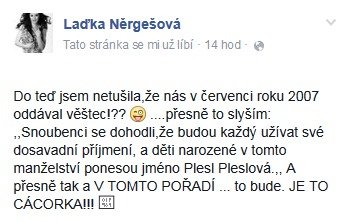 Oznámení Laďky Něrgešové, že pod srdcem nosí „cácorku“!