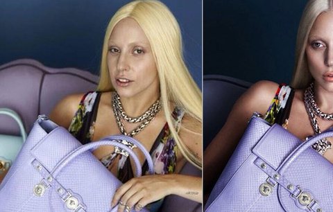 PŘED A PO: Lady Gaga jako Lady Trága. Brutální retuš do reklamy Versace