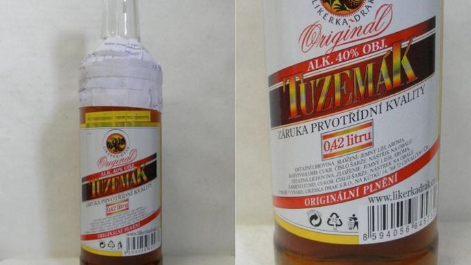 Láhve Tuzemáku Likérky Drak, které Státní zemědělská a potravinářská inspekce (SZPI) našla ve skladě společnosti Verdana ve Zlíně, obsahovaly 50 pct metanolu
