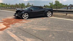 Řidič na dálnici u Svijan rozstřelil Lambo: Nezvládl mokrou vozovku.