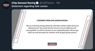 Hvězda NASCAR Larsson potrestán za rasismus při esportu. Dostal padáka
