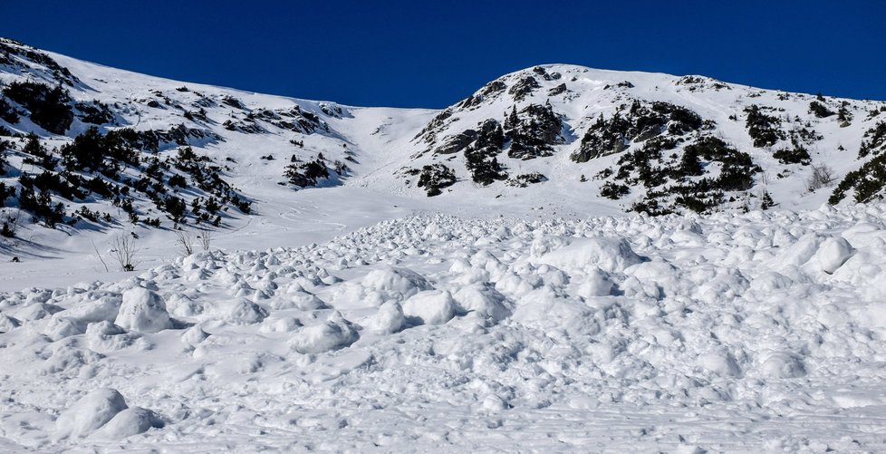 Do Malé Kotelní jámy v Krkonoších spadla v polovině února zatím největší lavina letošní zimy. Lavina měla délku 425 metrů a parametry střední základové laviny. Na snímku z 27. února je čelo laviny, které bylo vysoké 1,8 metru. (27.2.2018)