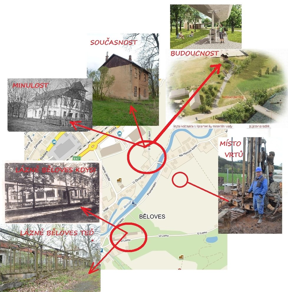 Mapka znázorňuje historii, současnost i možnou budoucnost lázní v Náchodě Bělovsi.