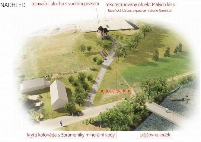 Vizualizace plánů na obnovu tzv. Malých lázní, které vzniknou asi kilometr od nyní zpustlých zdevastovaných Lázní Běloves.