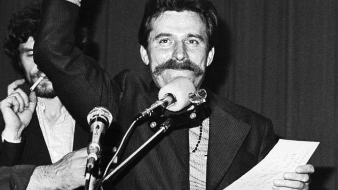 Lech Walesa během stávky v gdaňských loděnicích, 1980