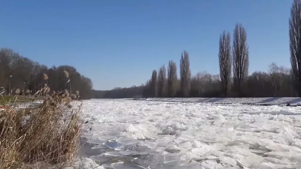 Ledové kry valící se řekou Moravou.