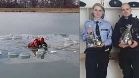 Brněnští strážníci Zuzana Coufalová a Pavel Vrtěna vytáhli z ledové vody Brněnské přehrady probořenou bruslařku.
