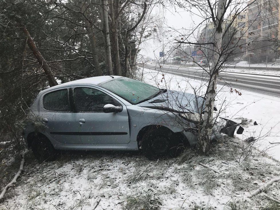 Odpolední sníh a námraza komplikovaly v Praze cestu mnoha řidičům. V Čimické ulici v Kobylisích skončil tento vůz mimo vozovku. (13. 1. 2019)