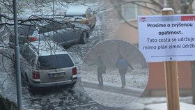 »Prosíme o zvýšenou opatrnost. Tato cesta se udržuje mimo plán zimní údržby.« Tak vyřešili ledovku na radnici Brno-sever. Místo soli a škváry pod boty úřad jednoduše zatloukl varovné cedulky.