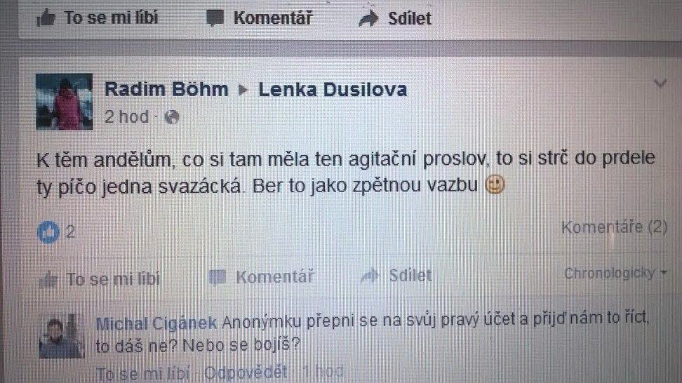 Nenávistné vzkazy pro Lenku Dusilovou.