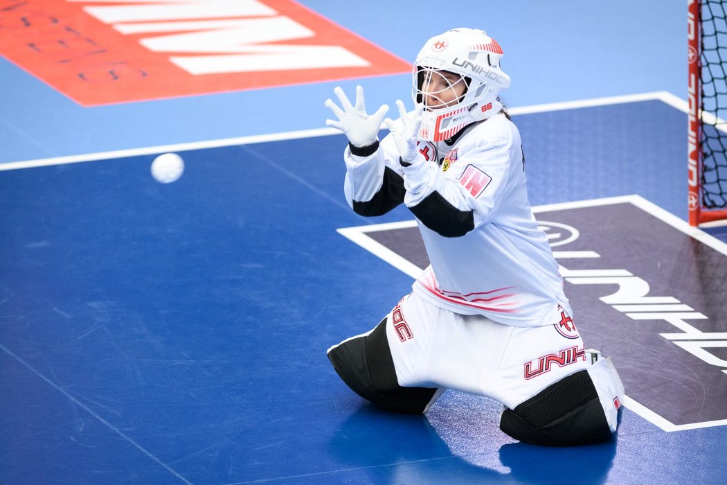 Česká brankářka Lenka Remešová v akci ve čtvrtfinále MS proti Dánkám