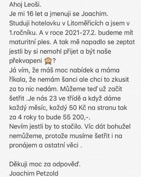 Dopis, který dostal Leoš Mareš s prosbou o účasti na maturitním plese.