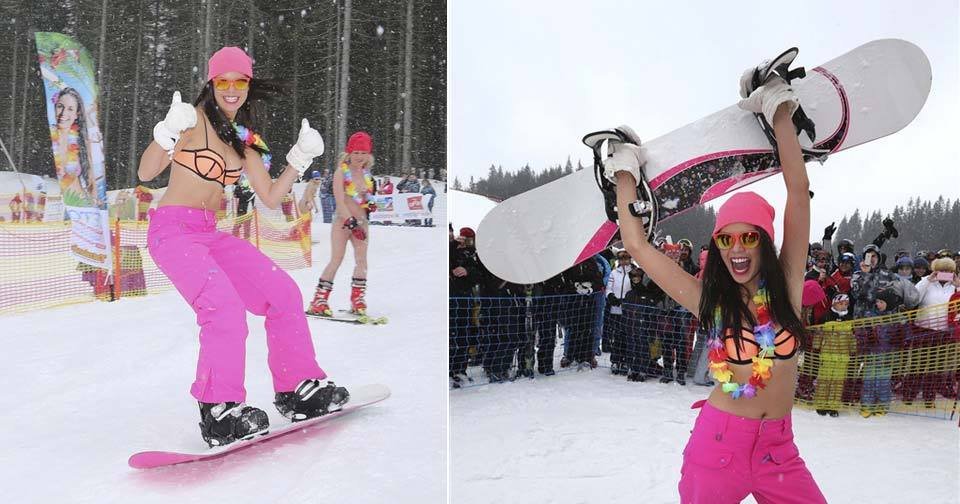 Leová vyrazila na snowboard v bikinách.