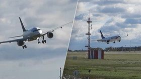 Letadla na pražském letišti měla kvůli silnému vichru potíže, 30. září 2019.