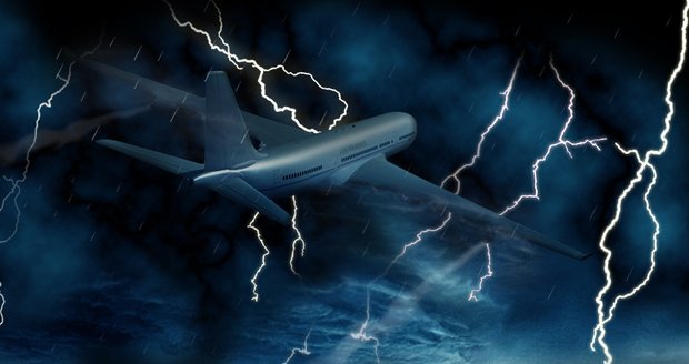 Letadlo letící bouřkou - ilustrační grafika