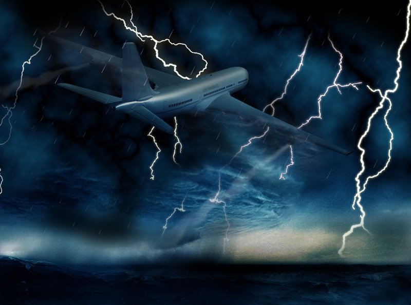 Letadlo letící bouřkou - ilustrační grafika