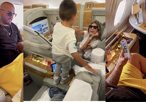 Rytmus se svou ženou Jasminou a synem Sanelem v luxusní kabině letadla.