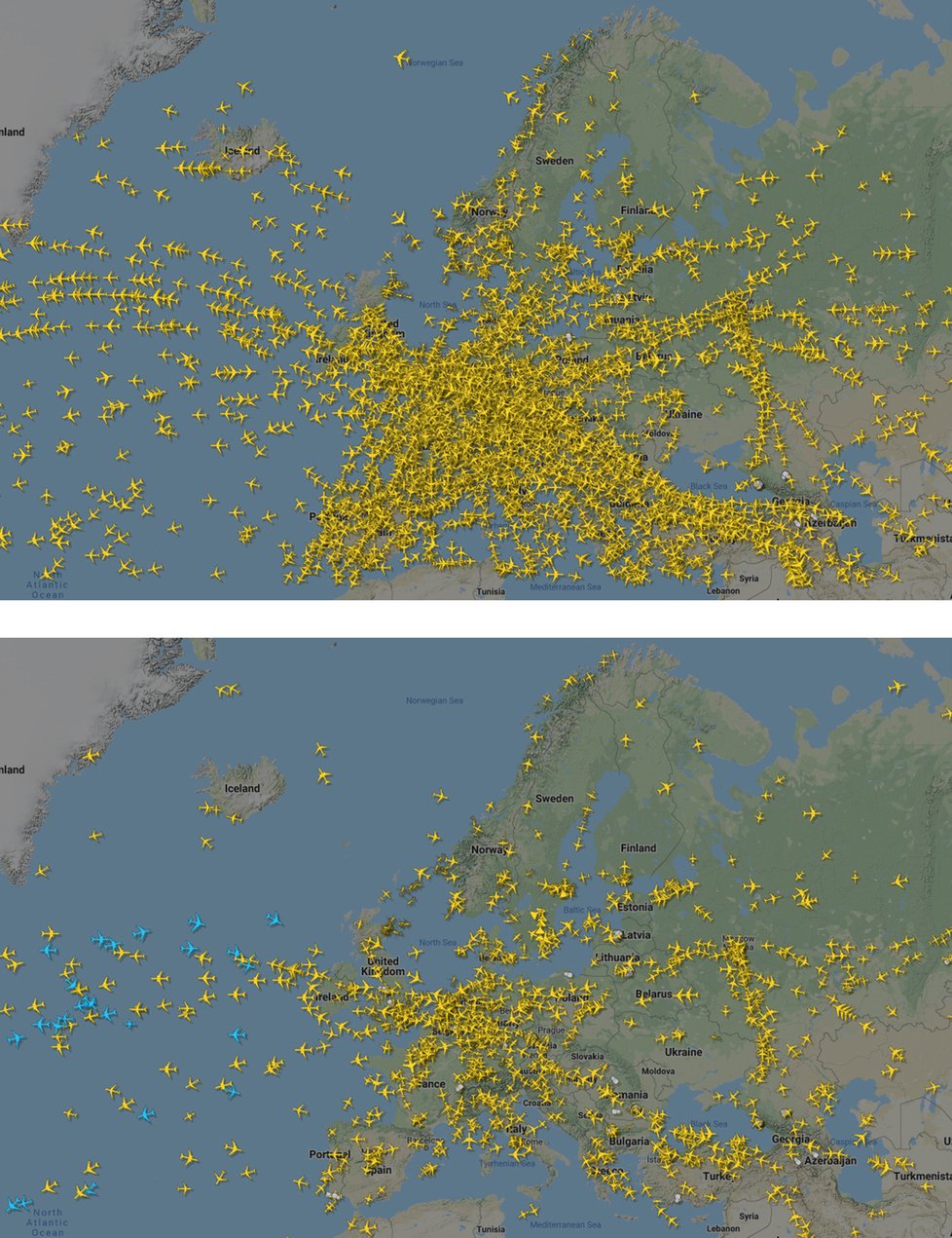Snímek ukazující pohyb letadel. Horní snímek je z prosince 2019 a dolní pak z března 2020.