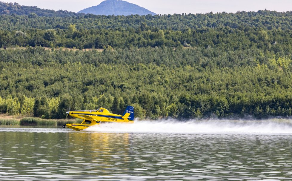 Švédský hasicí letoun Air Tractor AT-802 nabírá vodu z jezera Milada u Ústí nad Labem pro hašení požáru v Národním parku České Švýcarsko, 29. července 2022