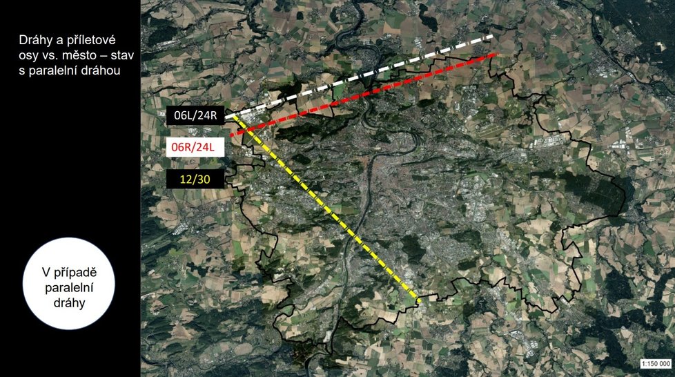Materiál týkající se stavby paralelní ranveje na Letišti Václava Havla. Ukazuje, kudy létají letadla mířící na přistání. Bíle je současná vzletová dráha, žlutě příčná záložní dráha a červeně plánovaná paralelní dráha.