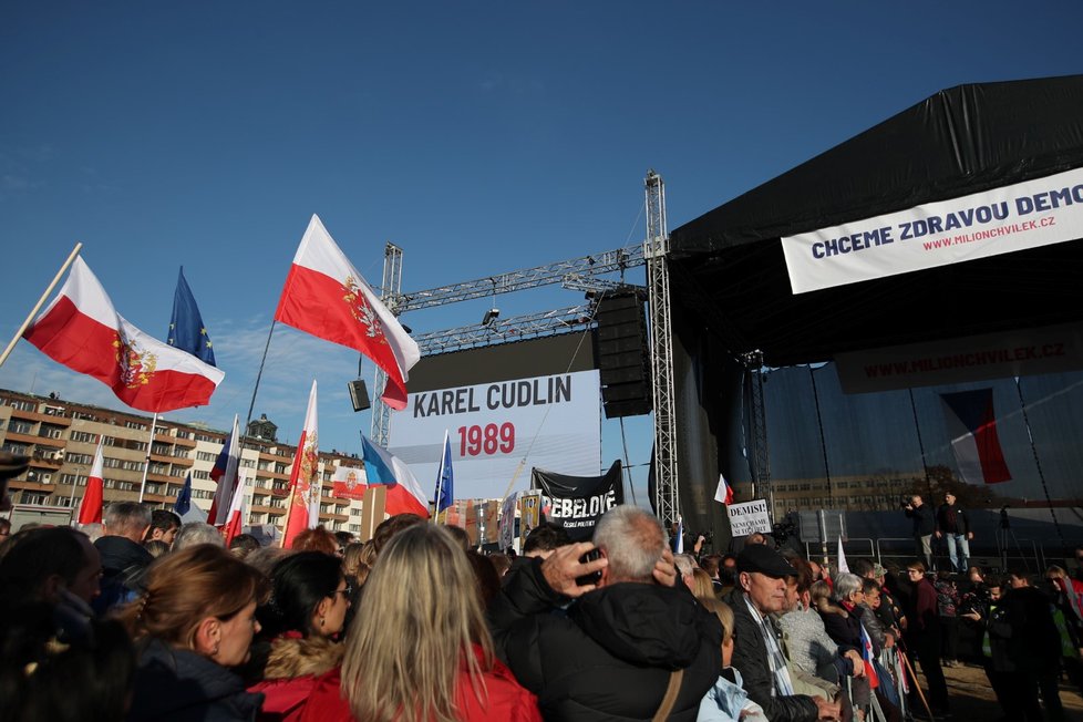 Účastníci demonstrace na Letenské pláni spojené s 30. výročím sametové revoluce (16. 11. 2019)