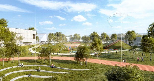 Na pozemcích stávajícího sportovního letiště v pražských Letňanech vznikne nová městská čtvrť (na vizualizaci).